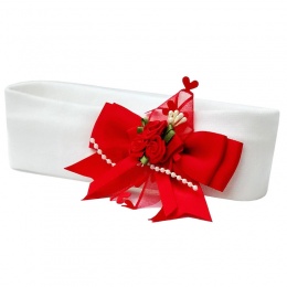 Baby Girls White & Red Bow Heart Trim Cotton Headband